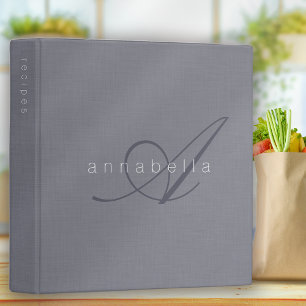 Minimalist Grey Blue Linen Monogram Script Recipe Binder
