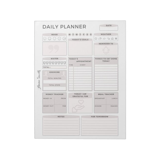 Minimalist Grey Daily Planner - Customizable Name Notepad (Rotated)