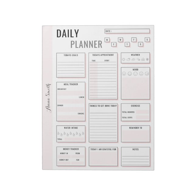 Minimalist Grey Daily Planner - Customizable Name Notepad (Rotated)