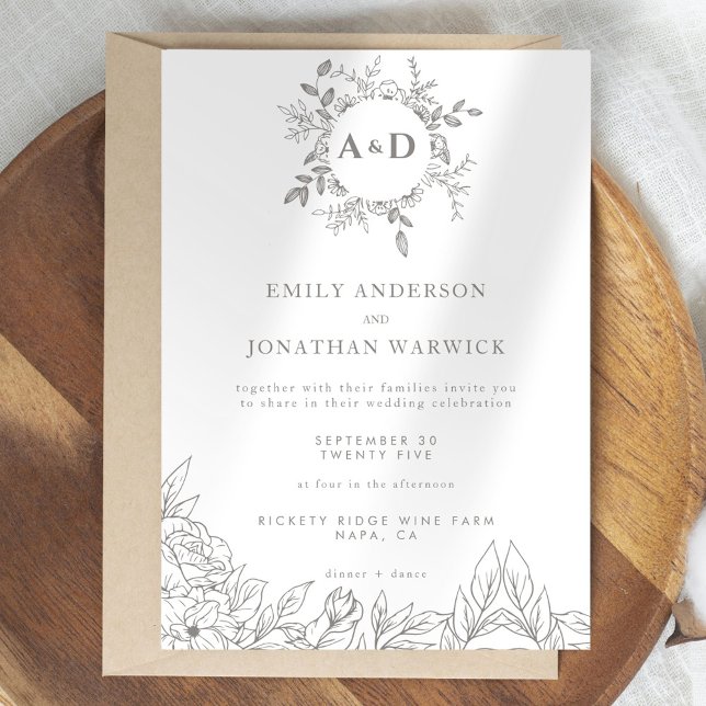 Minimalist Grey Floral Monogram Wedding Invitation (Creator Uploaded)