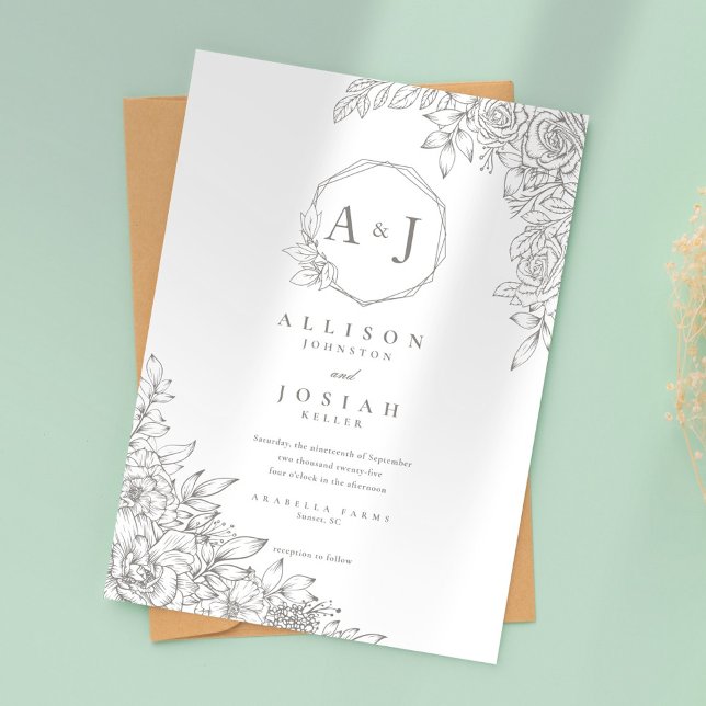 Minimalist Grey Floral Wedding Invitation (Creator Uploaded)