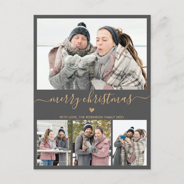 Minimalist Grey Gold 4 Photo Collage Christmas Postcard (Front)