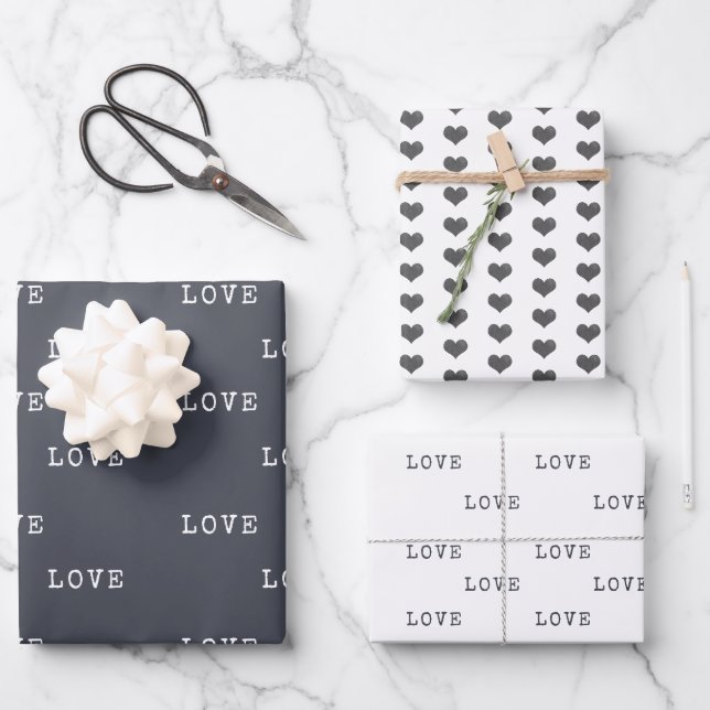 Minimalist Grey Hearts Modern Love Valentine's Day Wrapping Paper Sheet (Front)