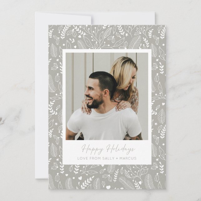 Minimalist Grey Holly Pattern Couple Photo Holiday Card (Front)