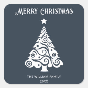 Minimalist Grey Merry Christmas Tree Holiday Gift Square Sticker