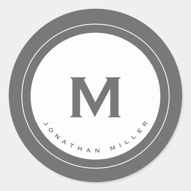 Minimalist Grey Monogram Medallion with Name Classic Round Sticker (Front)