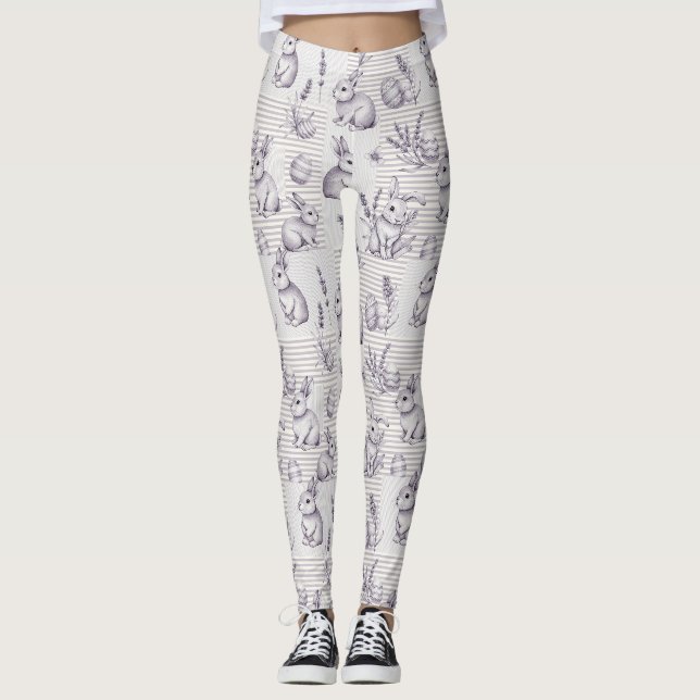 Minimalist Grey Rabbit Easter Egg Stripe Leggings (Front)