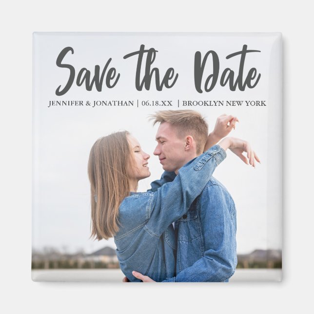 Minimalist Grey Script Couple Photo Save the Date Magnet (Front)