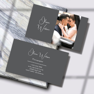 Minimalist Grey Script Professional Photographer Business Card