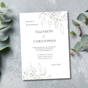 Minimalist Grey Silver Botanical Leaves Wedding Invitation