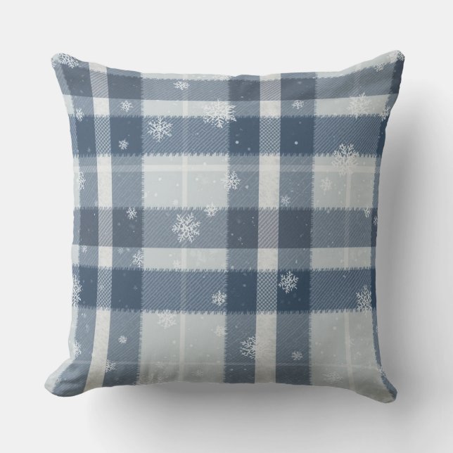 Minimalist Grey & Silver Snowflake Plaid Throw Pillow (Front)