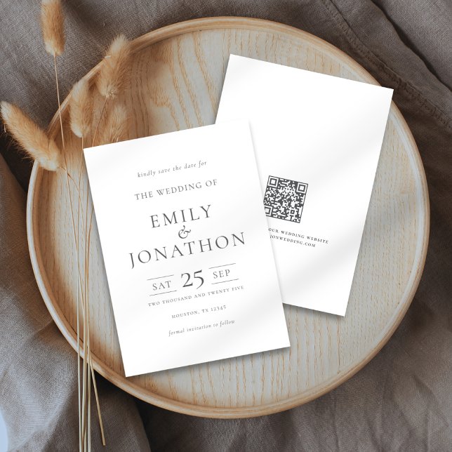 Minimalist Grey Text Wedding Save The Date Card (Front and back view)