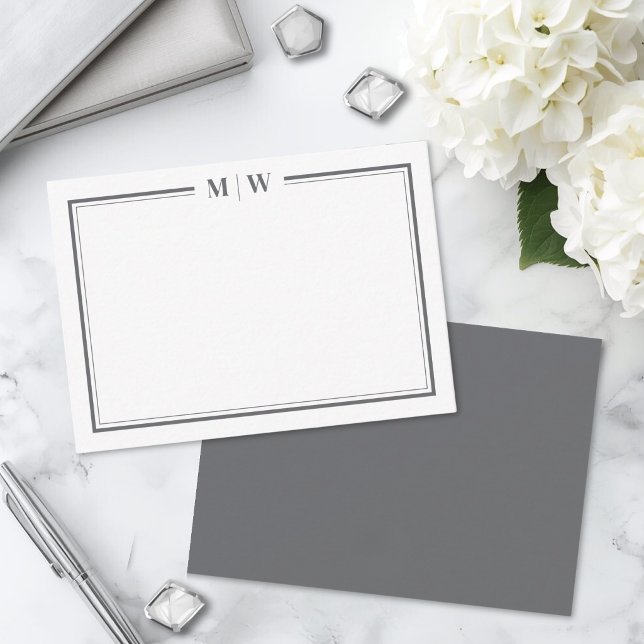 Minimalist Grey Two Border Monogram Card (Minimalist Grey Two Border Monogram Note Card )