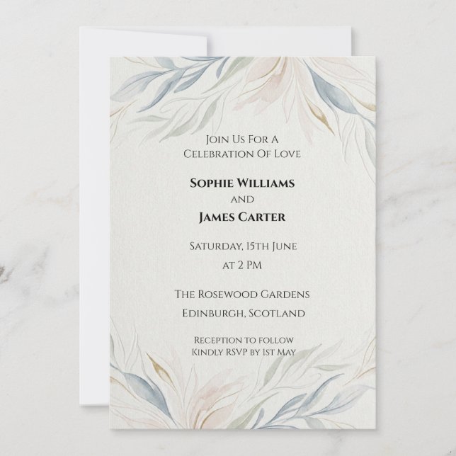 Minimalist Grey Watercolour Floral Scottish Weddin Invitation (Front)
