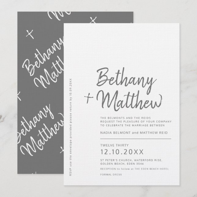 Minimalist grey white calligraphy script wedding invitation (Front/Back)