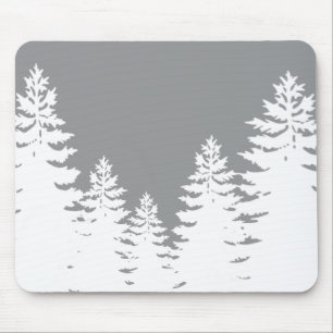 Minimalist grey white pine tree silhouette mouse pad