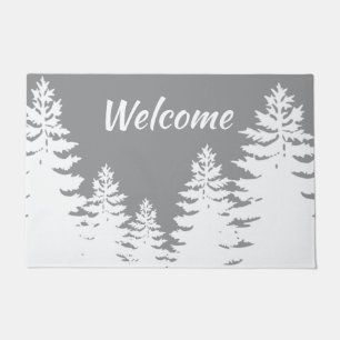 Minimalist grey white pine tree silhouettes      doormat