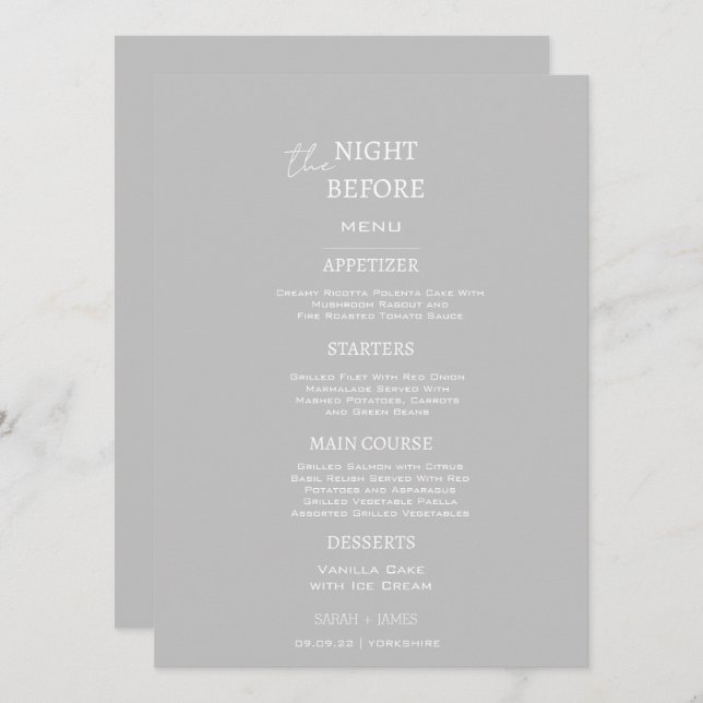 Minimalist Grey & White the Night Before Wedding  Menu (Front/Back)