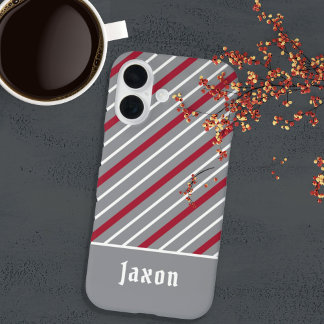 Minimalist Grey with Dark Red and White Stripes iPhone 16 Case