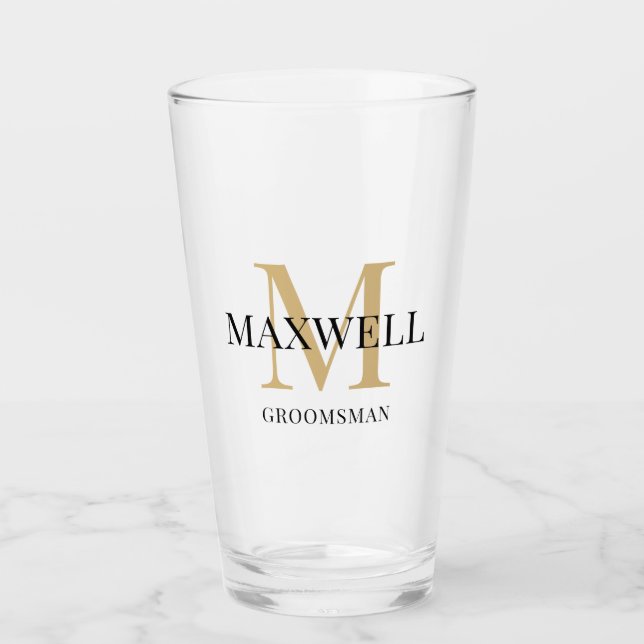 Minimalist Groomsman Black Gold Custom Monogram Glass (Front)