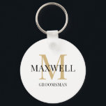 Minimalist Groomsman Black Gold Custom Monogram Keychain<br><div class="desc">Modern Gold and Black Monogrammed Keychain for groomsmen - Create your own custom groomsman gift by adding the recipient's name and monogram. A unique and thoughtful gift for wedding party members. You can change the groomsman template to best man, father-of-the-groom, etc. Want a different font or colour for the monogram...</div>