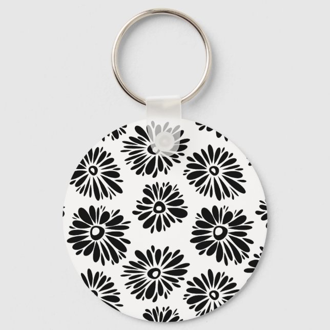 Minimalist Groovy Black and White Daisy Flowers Keychain (Front)