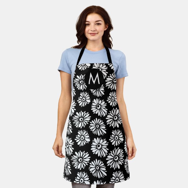 Minimalist Groovy Black and White Daisy Monogram Apron (Worn)