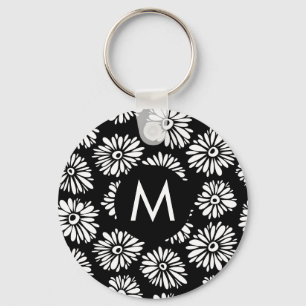 Minimalist Groovy Black and White Daisy Monogram Keychain