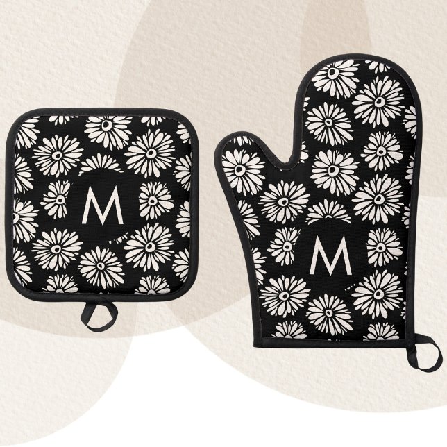 Minimalist Groovy Black and White Daisy Monogram Oven Mitt & Pot Holder Set (Creator Uploaded)