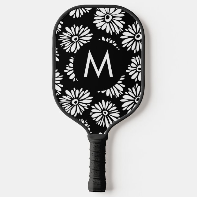 Minimalist Groovy Black and White Daisy Monogram Pickleball Paddle (Back)