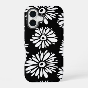 Minimalist Groovy Black and White Daisy Pattern iPhone 16 Case