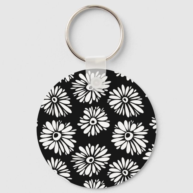 Minimalist Groovy Black and White Daisy Pattern Keychain (Front)