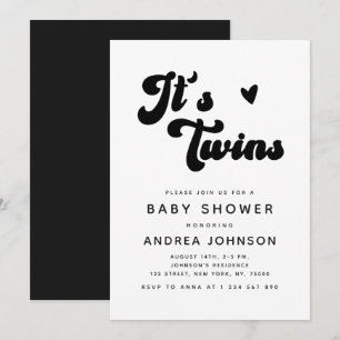 Minimalist Groovy Retro Twins Heart Baby Shower Invitation