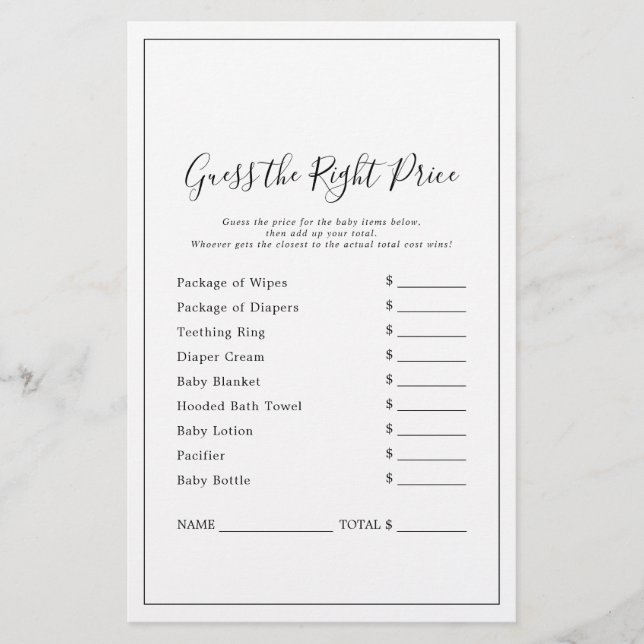 Minimalist Guess the Right Price Game (Front)