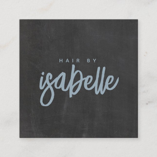 Minimalist Hair Stylist Dusty Blue Script Black Square Business Card (Front)