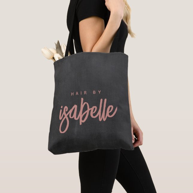 Minimalist Hair Stylist Dusty Pink Script Black Tote Bag (Close Up)
