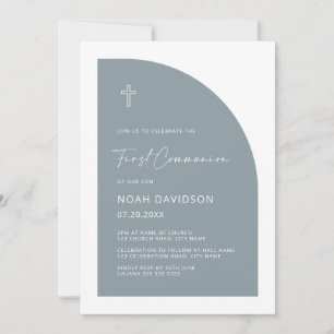 Minimalist Half Arch Dusty Blue First Communion Invitation