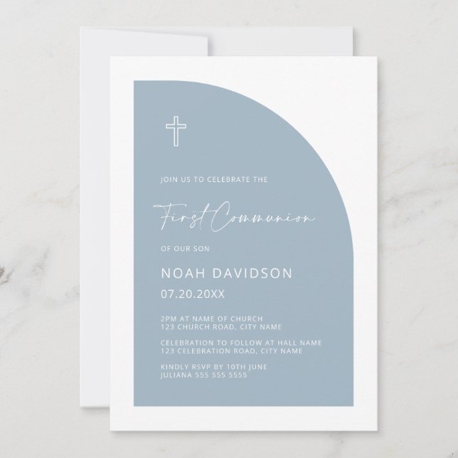 Minimalist Half Arch Light Blue First Communion Invitation (Front)