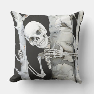 Minimalist Halloween Watercolor Smiling Skeleton Throw Pillow