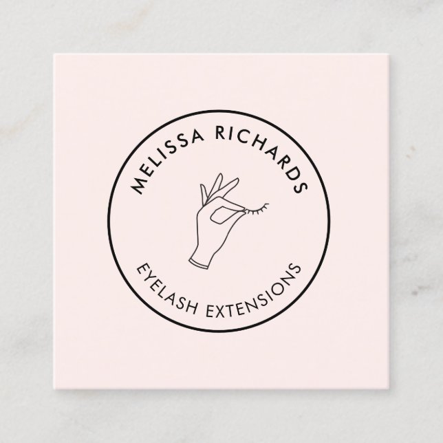 Minimalist Hand and Lashes Circle Logo Pink Square Business Card (Front)