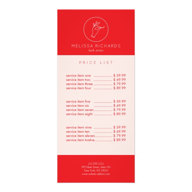 Minimalist Hand and Lashes Logo Red/Pink Rack Card (Front)