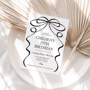 Minimalist Hand Drawn Black Bow 25th Birthday Invitation
