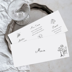 Minimalist Hand Drawn Black & White Wedding Menu Invitation
