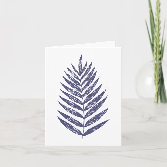 Minimalist Hand-Drawn Botanical Fern Blue Blank Note Card (Front)