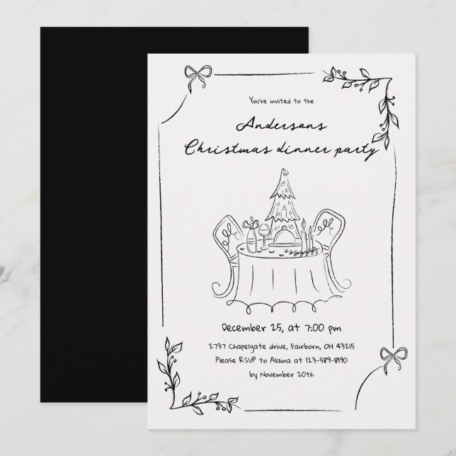 Minimalist Hand Drawn Christmas Dinner Party Invitation (Front/Back)