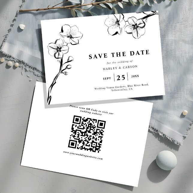 Minimalist Hand Drawn Floral White Wedding QR Code Save The Date (Creator Uploaded)