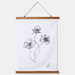 Minimalist Hand Drawn Flowers, Ink Pen Hanging Tapestry