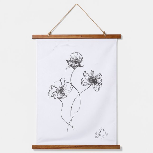 Minimalist Hand Drawn Flowers, Ink Pen Hanging Tapestry (Front)