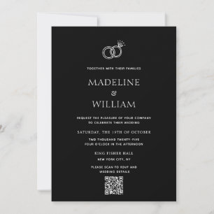 Minimalist Hand Drawn Rings Black Qr Code Wedding Invitation