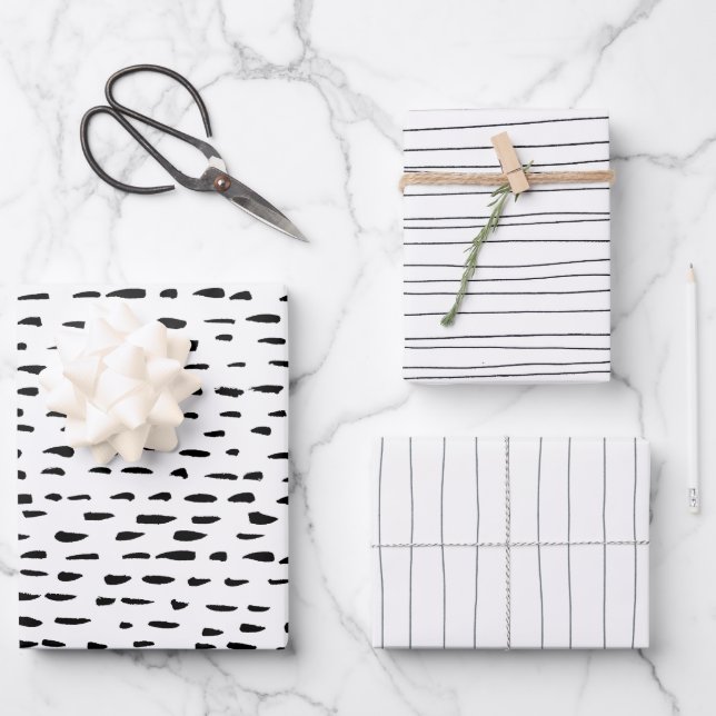 Minimalist Hand Drawn Stripes Lines Dots Spots Wrapping Paper Sheet (Front)